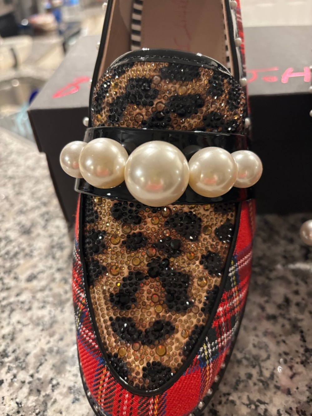 Betsey Johnson Red Plaid & Leopard Pearl-Embellished Loafer - Picture 4 of 5